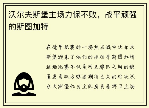 沃尔夫斯堡主场力保不败，战平顽强的斯图加特